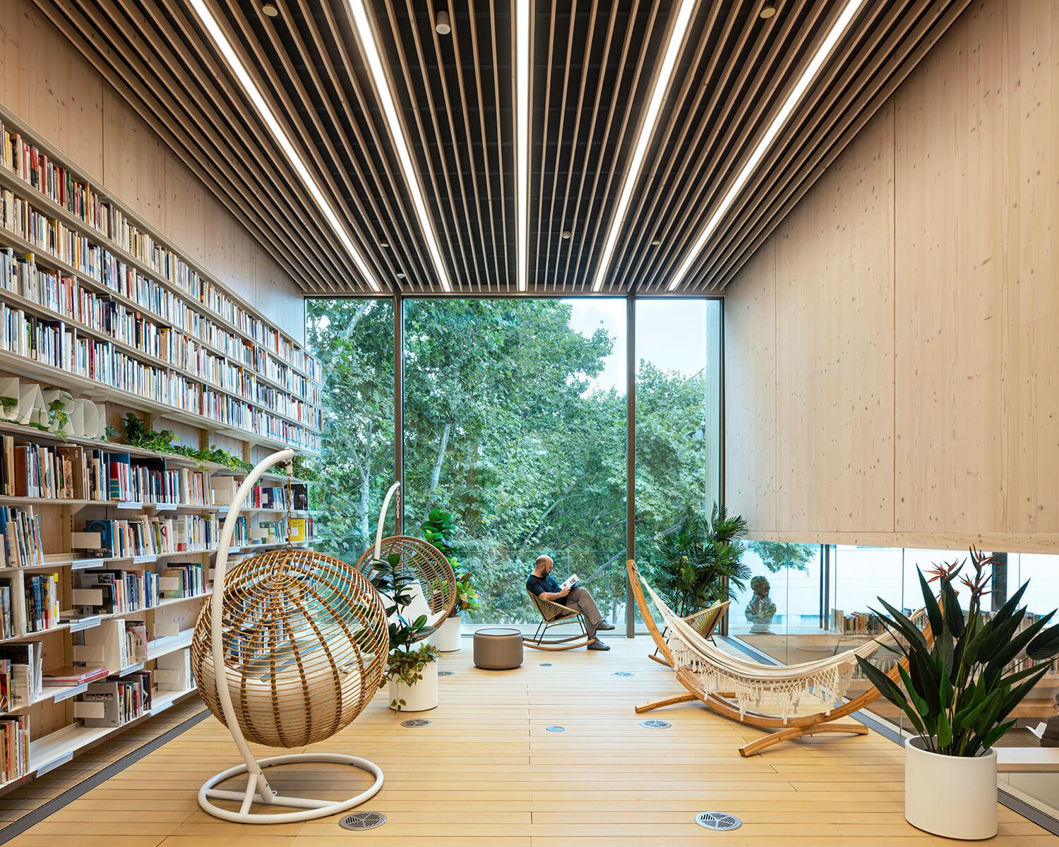 A wooden reading room adorned with wicker chairs and bathed in natural light through large windows.